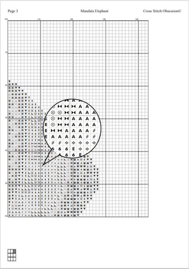 May include: A cross-stitch pattern chart titled "Mandala Elephant" with a close-up of the design. The chart includes symbols, letters, and numbers, and the text "Cross Stitch Obsession" is visible.