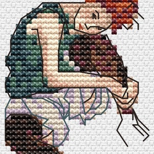 May include: Cross-stitch design of a person in a seated position, rendered in a pixelated style. The figure is depicted with a mix of colors, including greens, browns, and skin tones, against a white background. The design has a handmade, craft-like aesthetic.