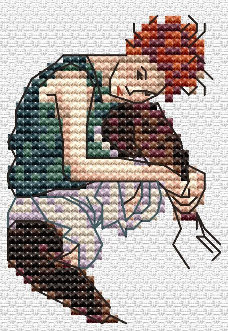 May include: Cross-stitch design of a person in a seated position, rendered in a pixelated style. The figure is depicted with a mix of colors, including greens, browns, and skin tones, against a white background. The design has a handmade, craft-like aesthetic.
