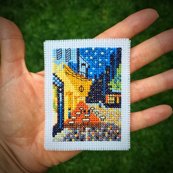 Modern cross stitch pattern "Tiny Van Gogh Cafe Terrace". (P218) Miniature art cross stitch.