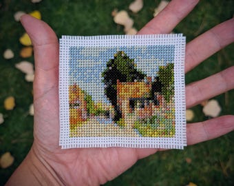 Mini-modèle d'art moderne au point de croix PDF - Maison avec des fleurs par Pierre Eugene Montezin - Art mural DIY - Téléchargement numérique instantané