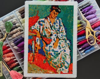 Modèle de point de croix d'art au format carte postale PDF - Madame Matisse dans un kimono par André Derain - Art mural DIY - Téléchargement numérique instantané