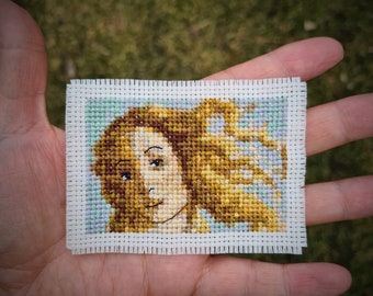 Tiny art cross stitch pattern "Birth of Venus (close up) by Sandro Botticelli". (P222) Miniature art cross stitch. Tiny portrait