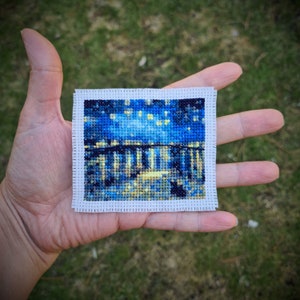 Tiny cross stitch pattern "Starry Night over the Rhone by Vincent Van Gogh". (P272) Miniature art cross stitch.