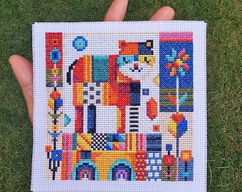 Modern cross stitch pattern "Patchwork Cat". (P315) Small cross stitch pattern for kids room and nurseries. Gift for kids.