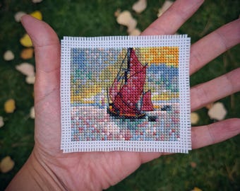 Mini modèle de point de croix chef-d'oeuvre « Les voiles rouges d'André Derain ». (P358) Point de croix moderne. Broderie artistique