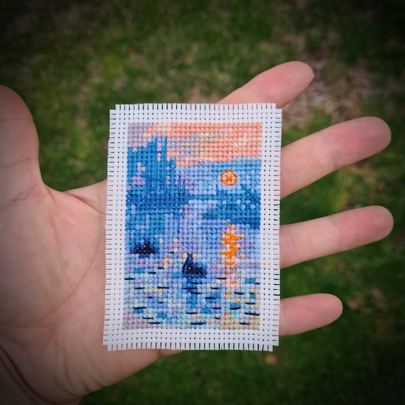 Modern cross stitch pattern "Tiny Impression Sunrise" by Claude Monet. (P258) Miniature art cross stitch.