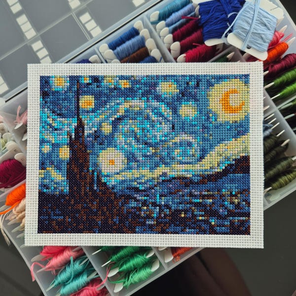 Mini Masterpiece Cross Stitch Pattern – Starry Night by Vincent van Gogh, Postcard-Size Art Cross Stitch, PDF Instant Digital Download
