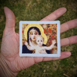 Tiny art cross stitch pattern, The Virgin of Lilies by William-Adolphe Bouguereau. (P271) Miniature art cross stitch.