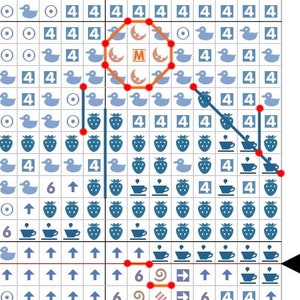 May include: A cross-stitch pattern grid with various symbols. The design includes ducks, strawberries, teacups, and the letter "M" inside an octagonal shape. The color palette consists of blue, red, and brown.