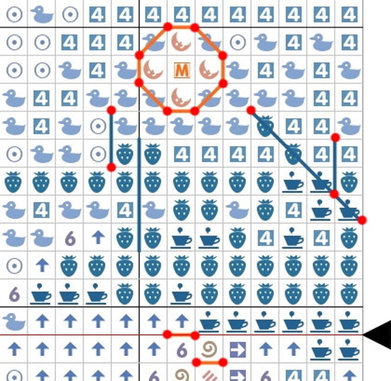 May include: A cross-stitch pattern grid with various symbols. The design includes ducks, strawberries, teacups, and the letter "M" inside an octagonal shape. The color palette consists of blue, red, and brown.