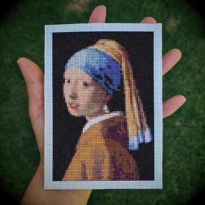 Patrón de punto de cruz en PDF para postales: La joven de la perla de Johannes Vermeer. Arte mural DIY. Descarga digital instantánea.