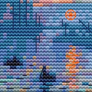 May include: Abstract cross-stitch art with a pixelated design. The artwork features a color palette of blues, purples, oranges, and browns. The design includes geometric shapes and lines, creating a textured, mosaic-like appearance. The piece has a modern, artistic aesthetic.