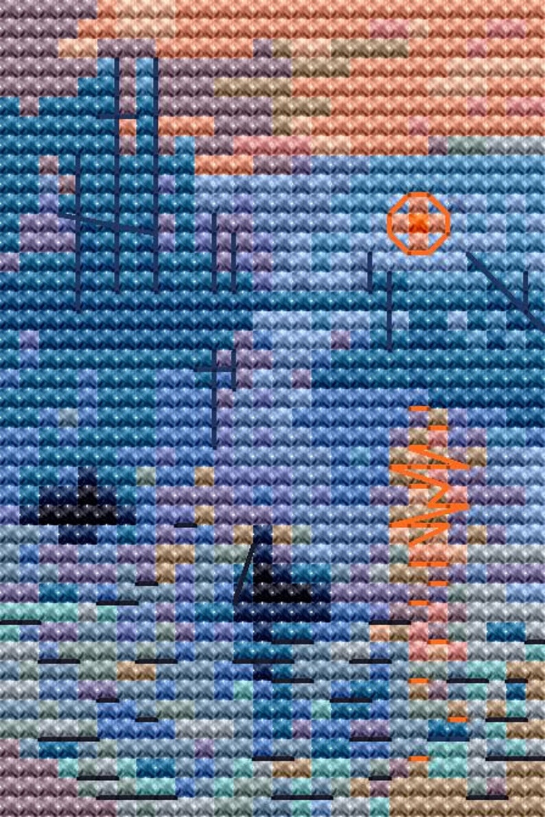 May include: Abstract cross-stitch art with a pixelated design. The artwork features a color palette of blues, purples, oranges, and browns. The design includes geometric shapes and lines, creating a textured, mosaic-like appearance. The piece has a modern, artistic aesthetic.