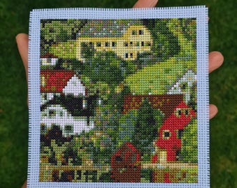Mini modèle de point de croix d'art moderne « Houses at Unterach by Gustav Klimt ». (P324) Petit point de croix artistique. Célèbre motif de point de croix d'art.