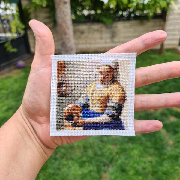 Tiny modern cross stitch pattern "Milkmaid by Johannes Vermeer". (P232) Miniature art cross stitch.