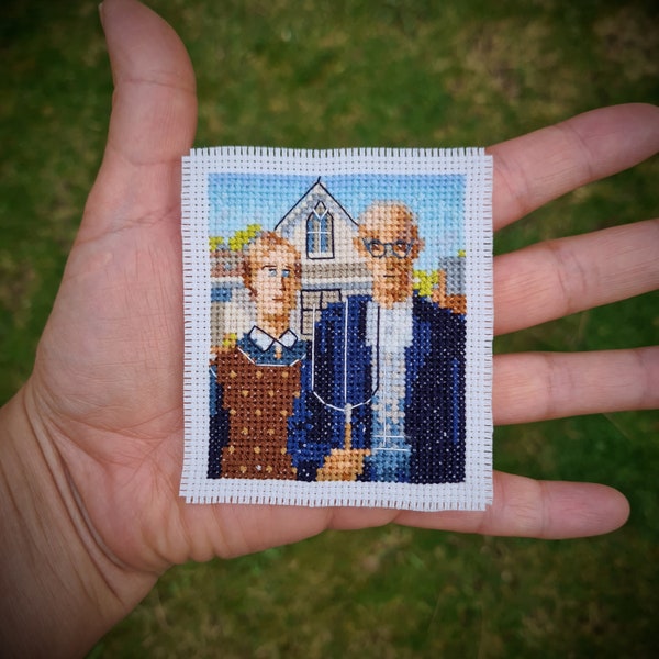 Tiny art cross stitch pattern, American Gothic by Grant Wood (P265) Mini masterpiece cross stitch.