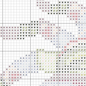 May include: Cross-stitch pattern chart with various symbols, including hearts, crosses, and geometric shapes. The design features a diagonal layout with a grid background, perfect for needlecraft enthusiasts.