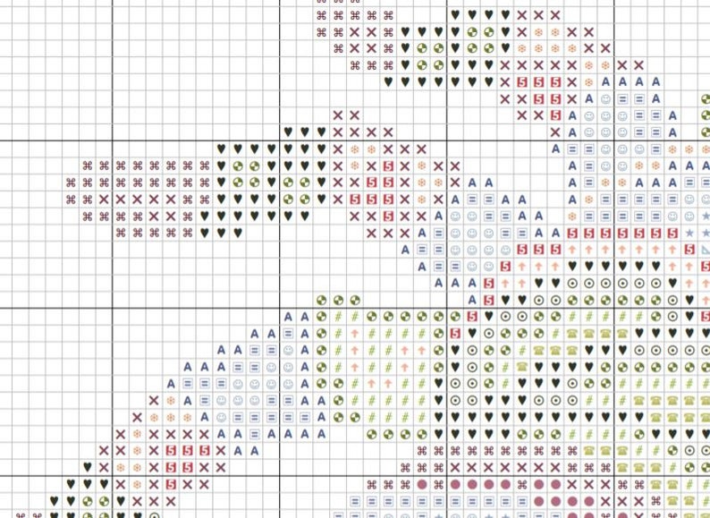 May include: Cross-stitch pattern chart with various symbols, including hearts, crosses, and geometric shapes. The design features a diagonal layout with a grid background, perfect for needlecraft enthusiasts.