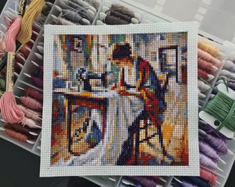 Motif de point de croix moderne « La couturière au travail ». (P336) Petit point de croix artistique. Modèle de point de croix compté d'art moderne. Téléchargement PDF