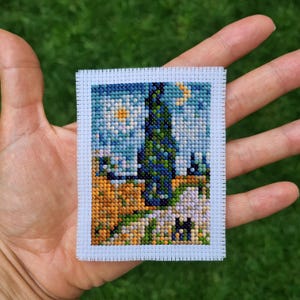 Modern cross stitch pattern "Road with Cypresses by Vincet van Gogh". Miniature art cross stitch, Mini Masterpiece, Instant Download PDF