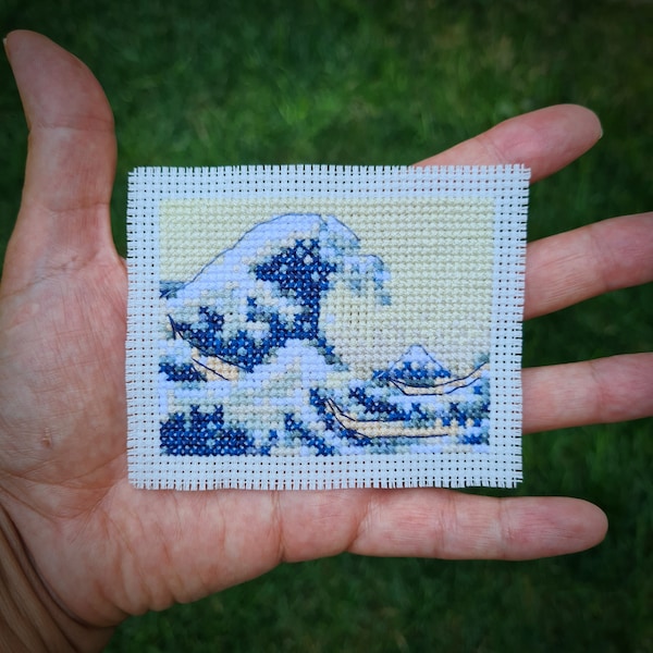 Modern cross stitch pattern "Tiny Great Wave by Hokusai". (P243) Miniature art cross stitch.