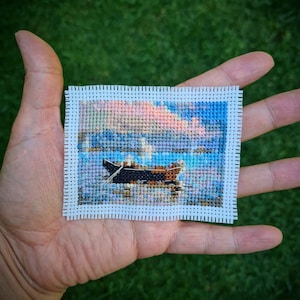 Tiny art cross stitch pattern "Gloucester Harbor by Winslow Homer". (P286) Miniature art cross stitch.