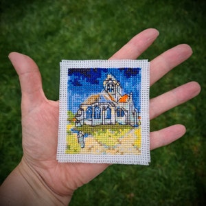 Tiny art cross stitch pattern "Church at Arles by Vincent Van Gogh". (P276) Mini art cross stitch. Miniature Masterpiece
