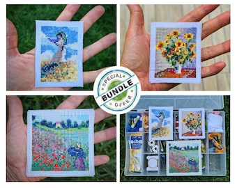 3 in 1 Bundle, Tiny Claude Monet Kreuzstichmuster, Sonnenblumen, Mohnfeld, Frau mit Sonnenschirm. Miniaturkunst Kreuzstich.