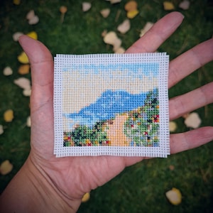 Mini masterpiece cross stitch pattern "Mountain Road in Monaco by Claude Monet". (P300) Tiny art cross stitch. Modern cross stitch