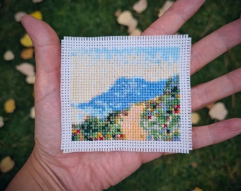 Mini masterpiece cross stitch pattern "Mountain Road in Monaco by Claude Monet". (P300) Tiny art cross stitch. Modern cross stitch