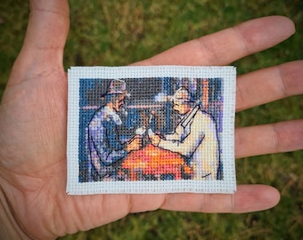 Tiny cross stitch pattern "Card Players by Paul Cezanne". (P268) Miniature art cross stitch. Mini masterpiece.