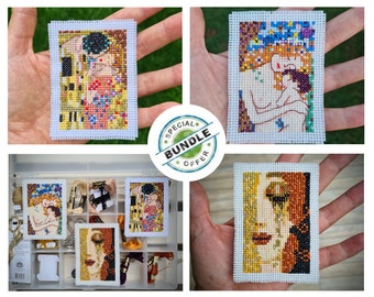 3 in 1 Bundle, Tiny Gustav Klimt/Zilberman Kreuzstichmuster, Der Kuss, Mutter und Kind, Goldene Tränen (Freyas Tränen)