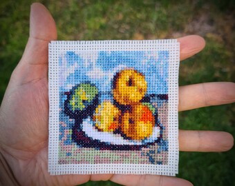 Modern cross stitch pattern "Tiny Paul Cezanne - Still Life with Quince, Apples and Pears". (P256) Miniature art cross stitch.