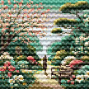 May include: Cross-stitch landscape depicting a serene garden scene. The artwork features a path leading to a bridge, surrounded by lush greenery, flowering trees, and a waterfall. The color palette includes shades of green, pink, and brown.