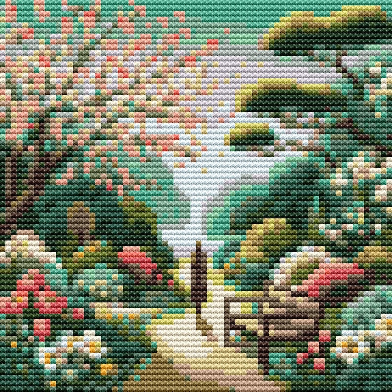 May include: Cross-stitch landscape depicting a serene garden scene. The artwork features a path leading to a bridge, surrounded by lush greenery, flowering trees, and a waterfall. The color palette includes shades of green, pink, and brown.