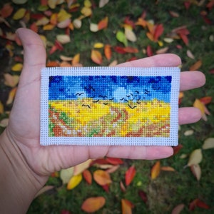Modern cross stitch pattern &quot;Tiny Wheatfield with Crows&quot; by Van Gogh. (P253) Miniature art cross stitch.