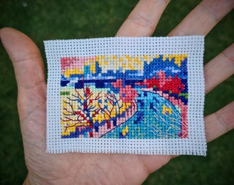 Petit motif de point de croix artistique « Le pont de Charing Cross par Andre Derain ». (P277) Miniature artistique au point de croix.