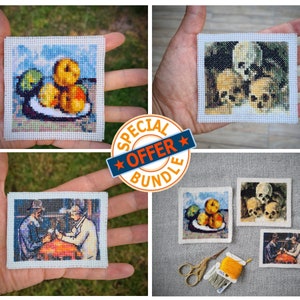Pacote 3 em 1, Pacote com Pequenos Padrões de Ponto Cruz de Paul Cézanne. Jogadores de Cartas, Natureza Morta e Pirâmide de Caveiras, Mini Arte em Ponto Cruz.
