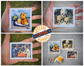 3 in 1 Bundle, Tiny Paul Cezanne Cross Stitch Patterns Bundle. The Card Players, Still Life and Pyramid of Skulls, Mini art cross stitch.