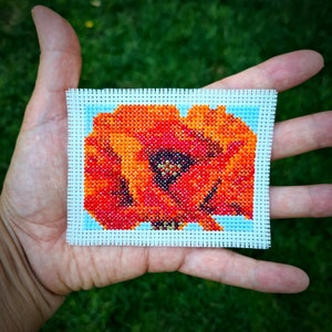 Puede incluir: Primer plano de una mano sosteniendo un pequeño bordado de punto de cruz de una amapola roja.