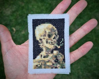 Tiny cross stitch pattern "Skull with a Burning Cigarette by Vincent Van Gogh". (P291) Miniature art cross stitch. Modern cross stitch.