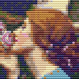 May include: A close-up of a cross-stitch pattern featuring a couple embracing. The pattern is made up of small, colorful squares, creating a pixelated effect. The couple's faces are visible, and they are wearing blue and brown clothing.