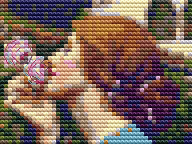 May include: A close-up of a cross-stitch pattern featuring a couple embracing. The pattern is made up of small, colorful squares, creating a pixelated effect. The couple's faces are visible, and they are wearing blue and brown clothing.