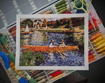 Mini modèle de point de croix artistique - Bateaux sur la Seine par Pierre-Auguste Renoir, point de croix d'art impressionniste, téléchargement PDF au format carte postale.