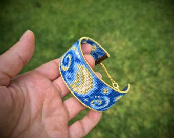 Cross Stitch Bracelet Pattern, Starry Night by Van Gogh Inspired Jewelry, Cross Stitch Cuff Bracelet Pattern, DIY Needlepoint Bracelet PDF