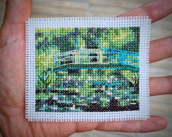 Modern cross stitch pattern &quot;Tiny Claude Monet - Japanese Bridge&quot;. (P237) Miniature art cross stitch. Monet gardens.
