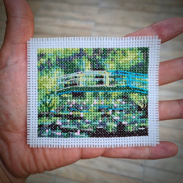 Modern cross stitch pattern "Tiny Claude Monet - Japanese Bridge". (P237) Miniature art cross stitch. Monet gardens.