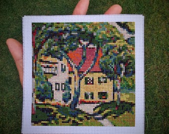 Petit motif de point de croix artistique – Maison dans un paysage par August Macke, PDF impressionniste moderne au point de croix, téléchargement immédiat