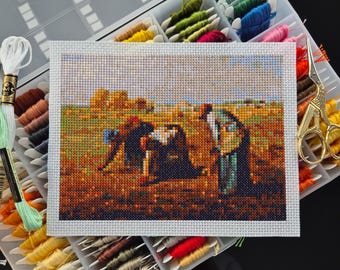 Mini modèle de point de croix chef-d'oeuvre - Les glaneuses par Jean-François Millet, format carte postale, art classique au point de croix PDF, téléchargement immédiat
